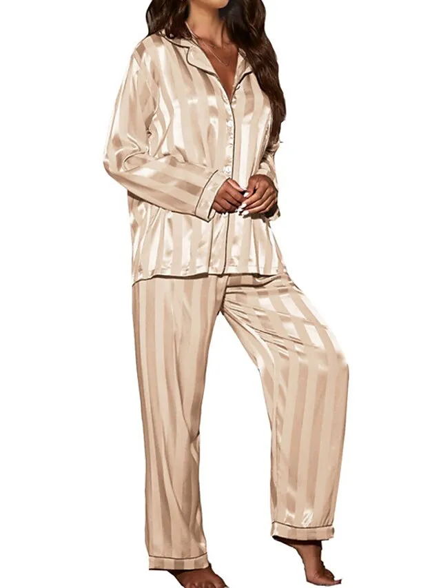 Women's Pajamas Sets Stripe Simple Comfort Soft Christmas Daily Carnival Satin Gift Lapel Long Sleeve Shirt Pant Button Pocket Fall Spring Pink Fuchsia