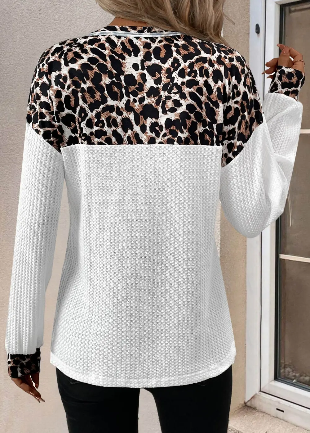 White Patchwork Leopard Long Sleeve V Neck T Shirt