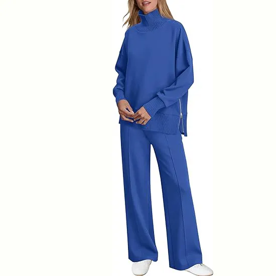 Women's 2-Piece Lounge Set 🧶 | Cozy Knit Turtleneck Top & Matching Pants Outfit