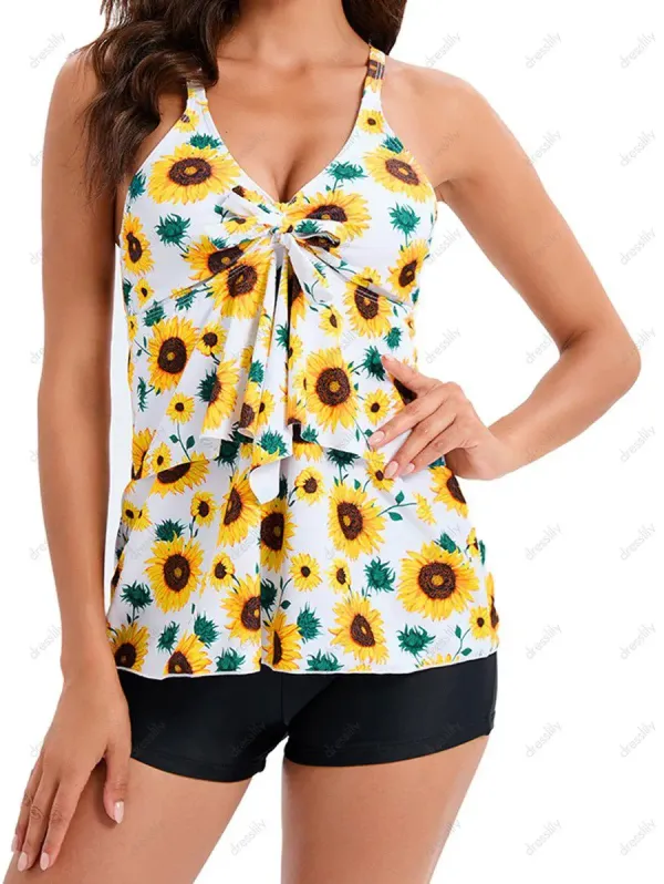 Modest Tankini Swimsuit Sunflower Print Bathing Suit Layered Bowknot Boyshorts Summer Beach Swimwear