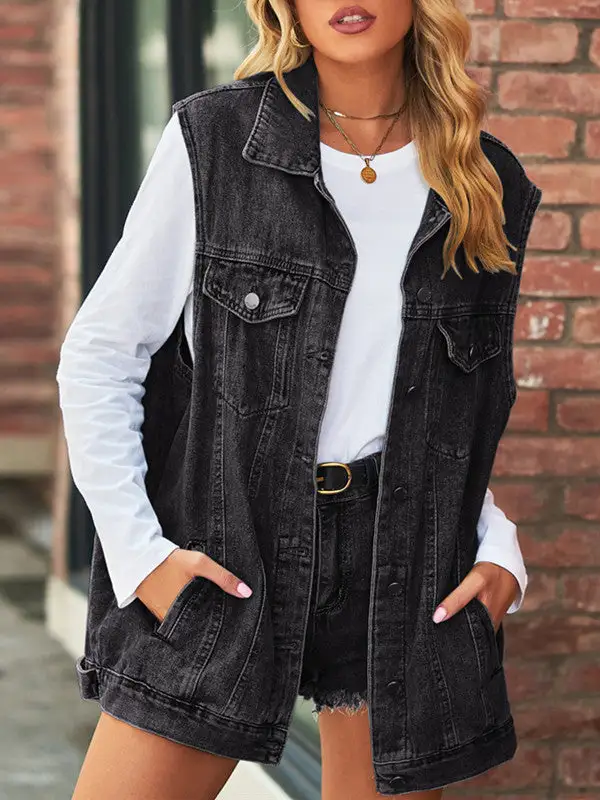 Retro Lapel Neck Denim Vest Outwear