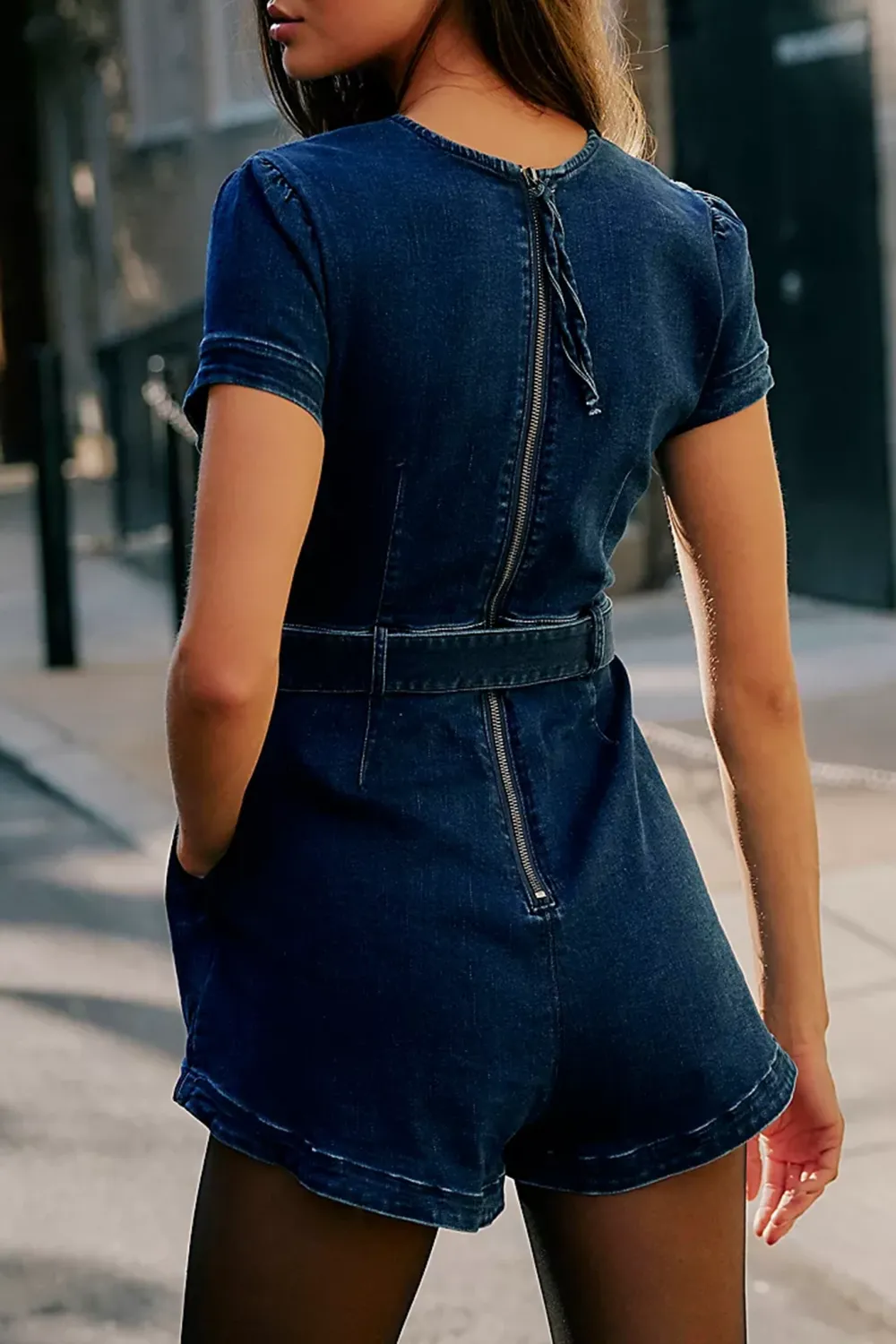 Short Sleeve Belted Denim Romper