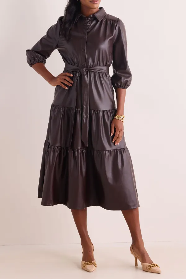 Dark Brown Faux Leather Tiered Midi Dress