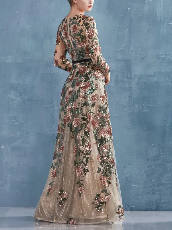 Lace Long Sleeve Printed Maxi Dress