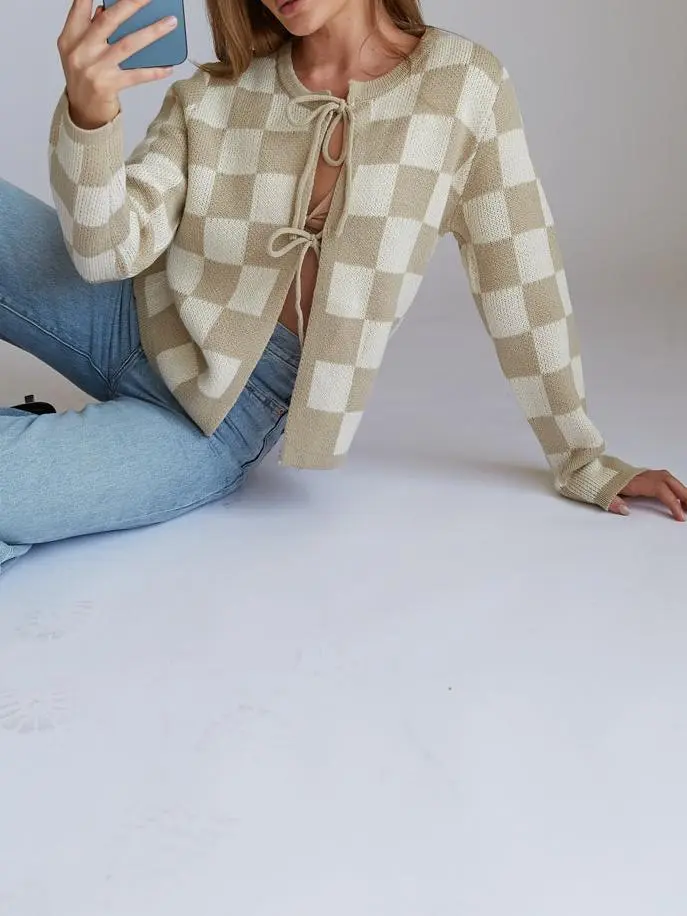 Agnes Checkered Knit Bow Cardigan
