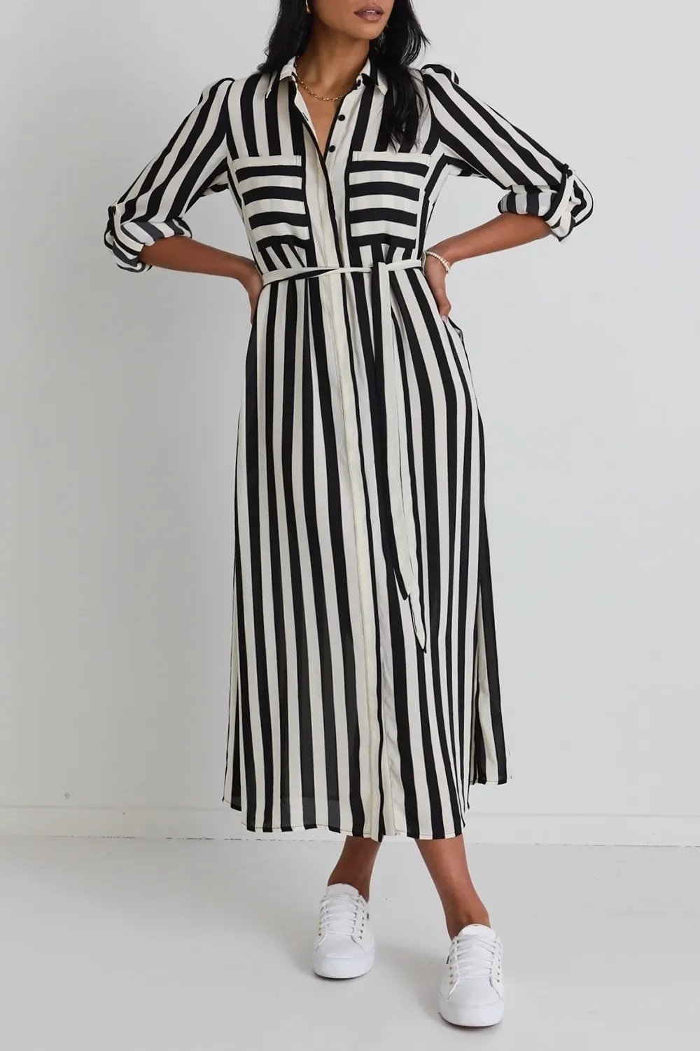 Black And White Stripe Shirt Midi Dress