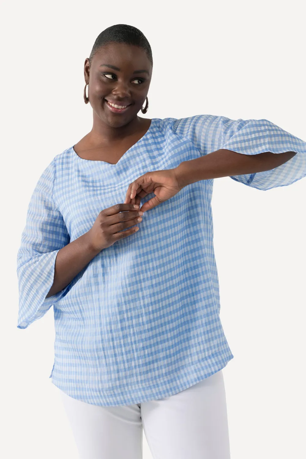 Blusenshirt Karo Herzausschnitt 3/4-Glockenarm