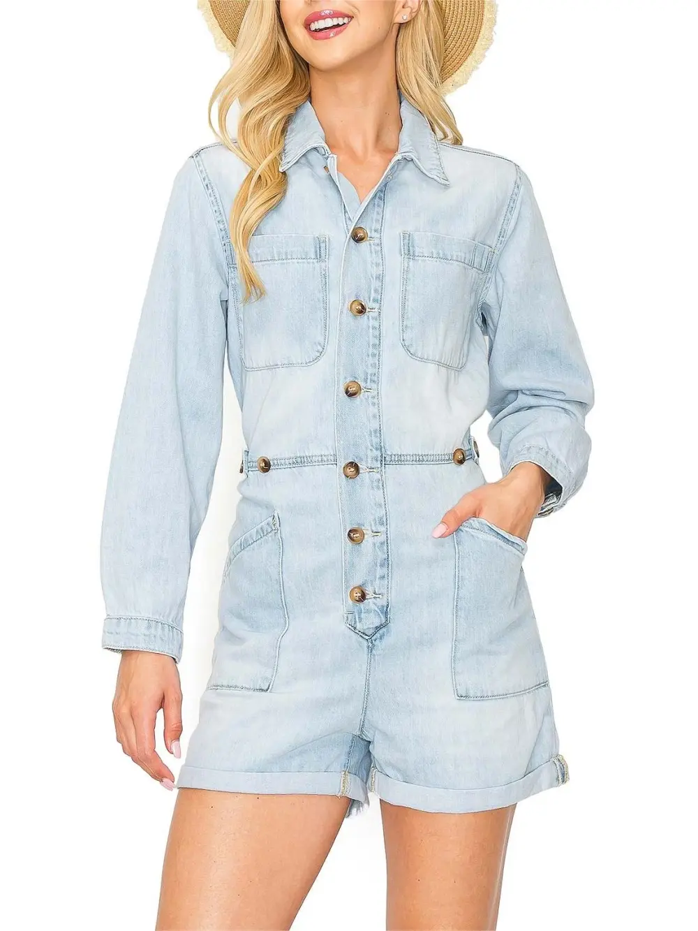 Light Blue Denim Button - Front Romper