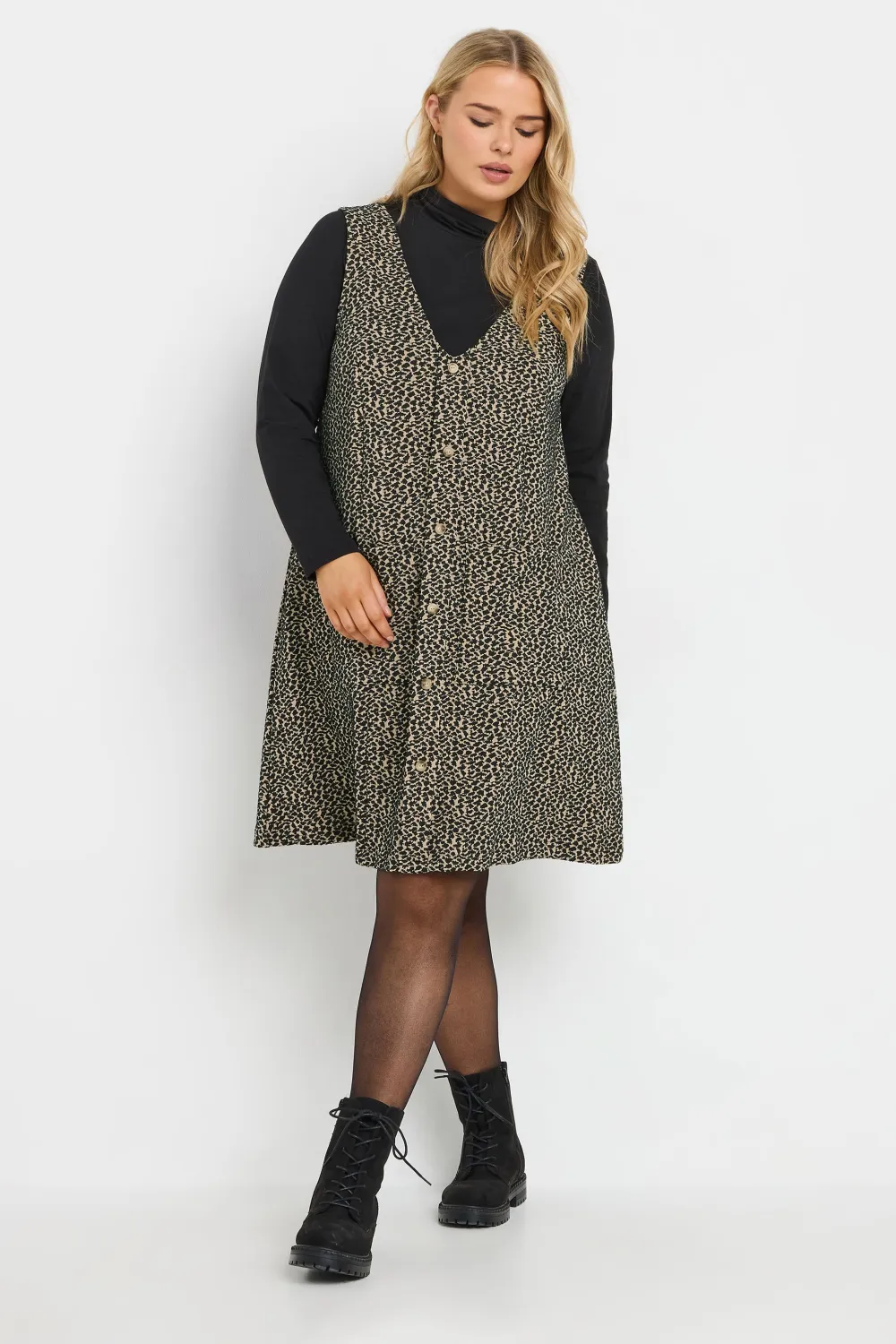 YOURS Curve Grey Check Print Button Through Pinafore Dress