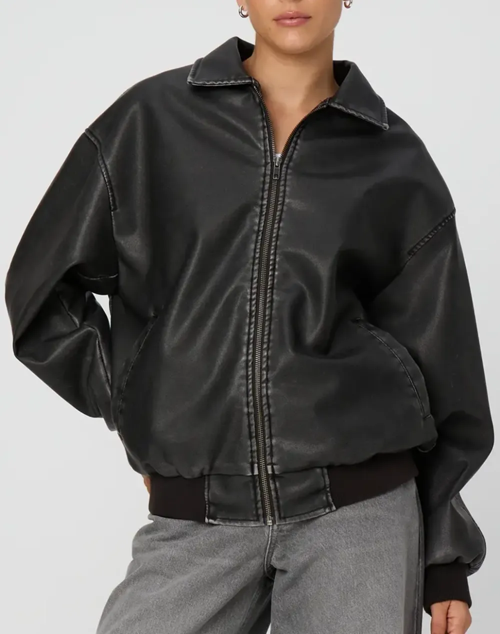 Black Cool Faux Leather Bomber Jacket