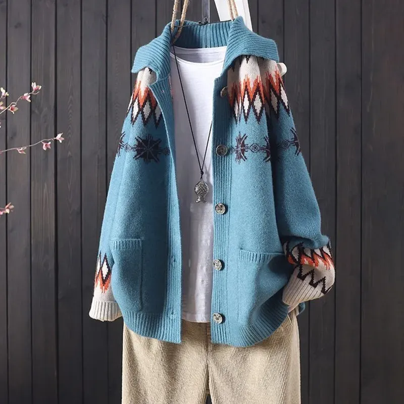 Vintage Icelandic Jacquard Sweater Lapel Cardigan