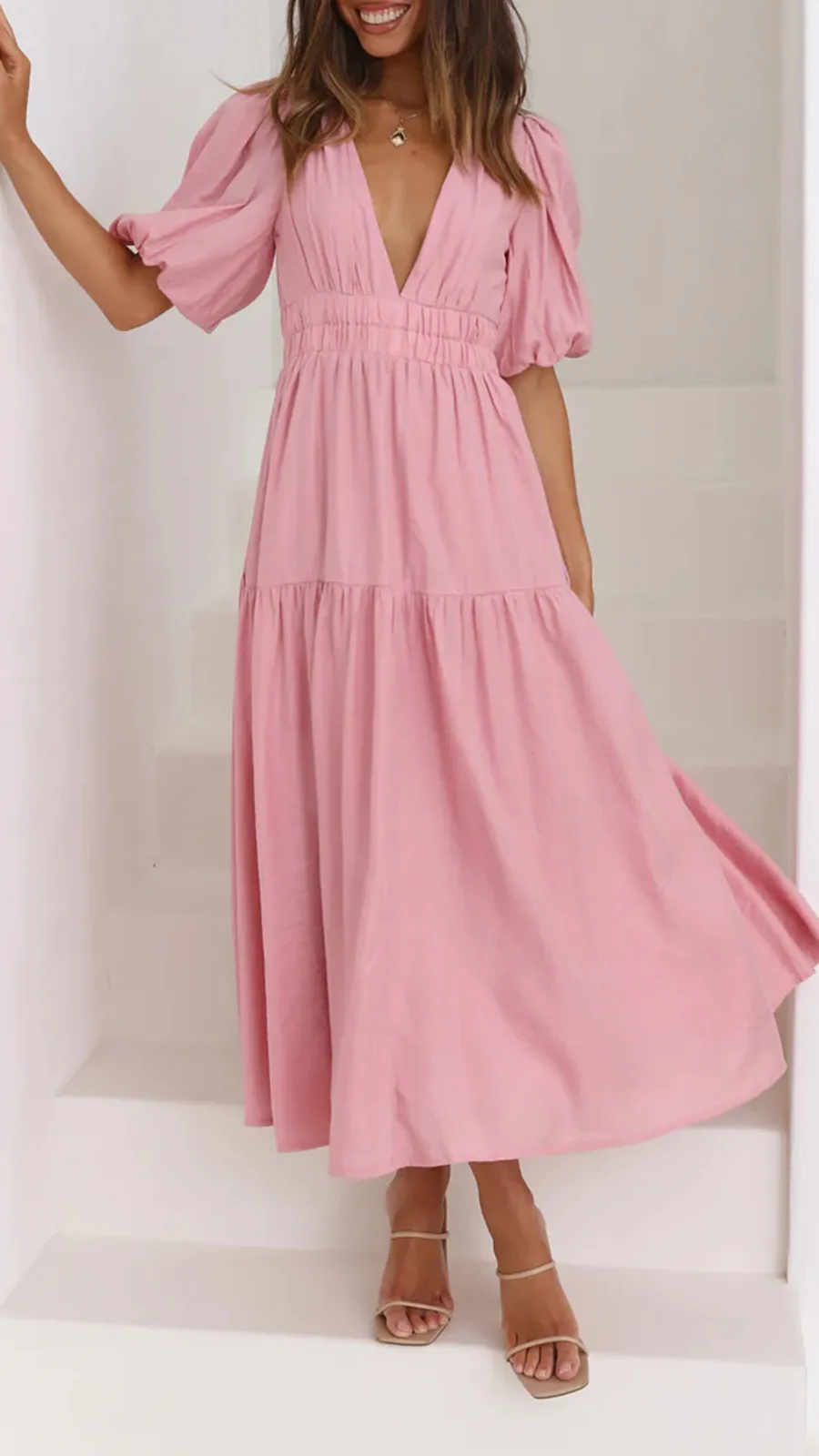 Solid Color Puffy Midi Dress
