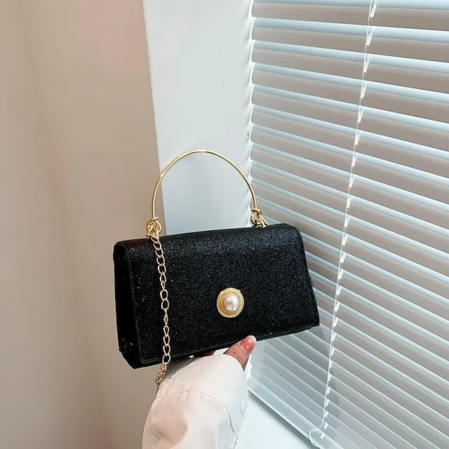 Women's Handbag Crossbody Bag Shoulder Bag PU Leather Party Daily Holiday Pearls Chain Durable Solid Color Silver Black Pink