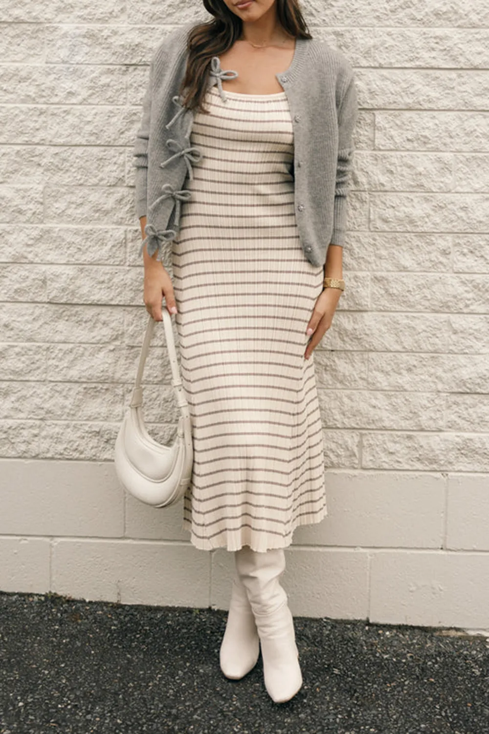 BLACK BEIGE STRIPED MIDI DRESS