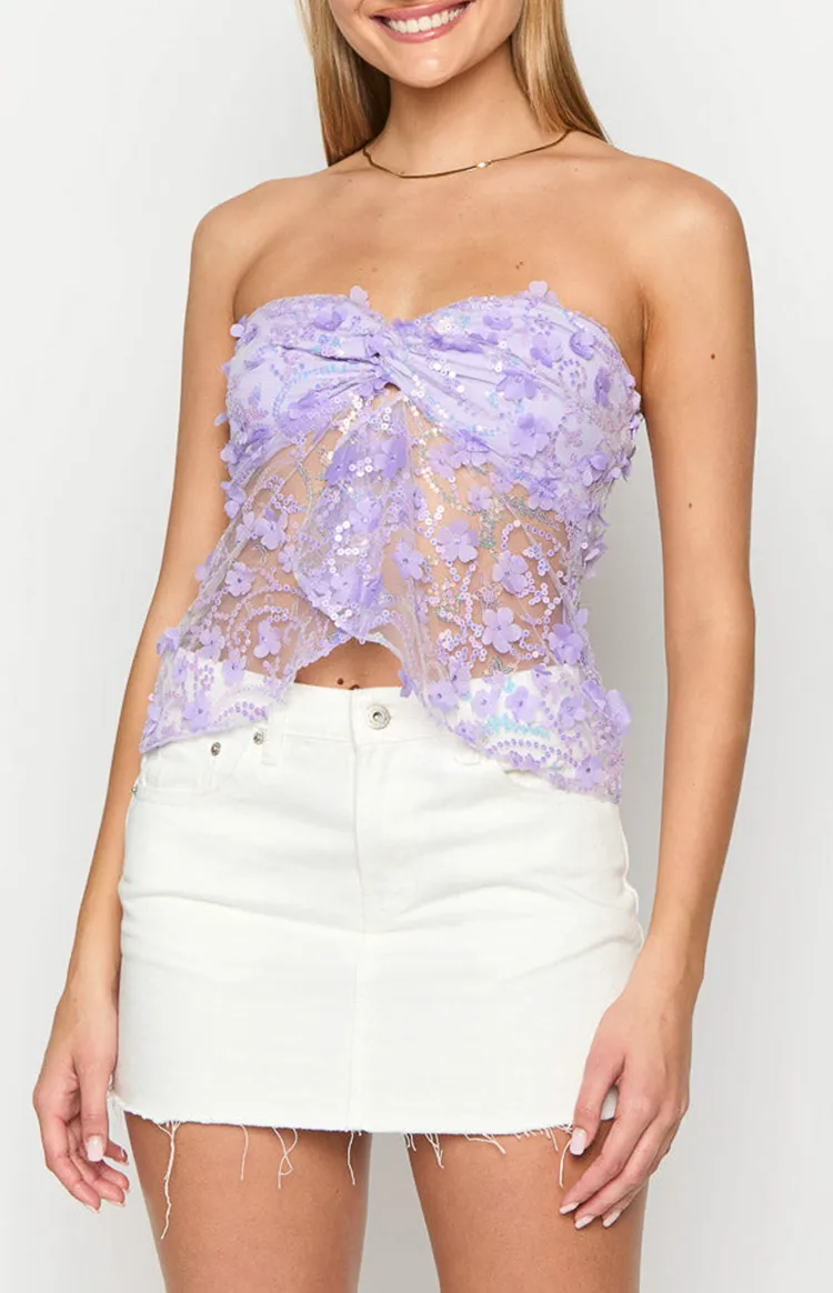 Purple Sequin Strapless Bow Top