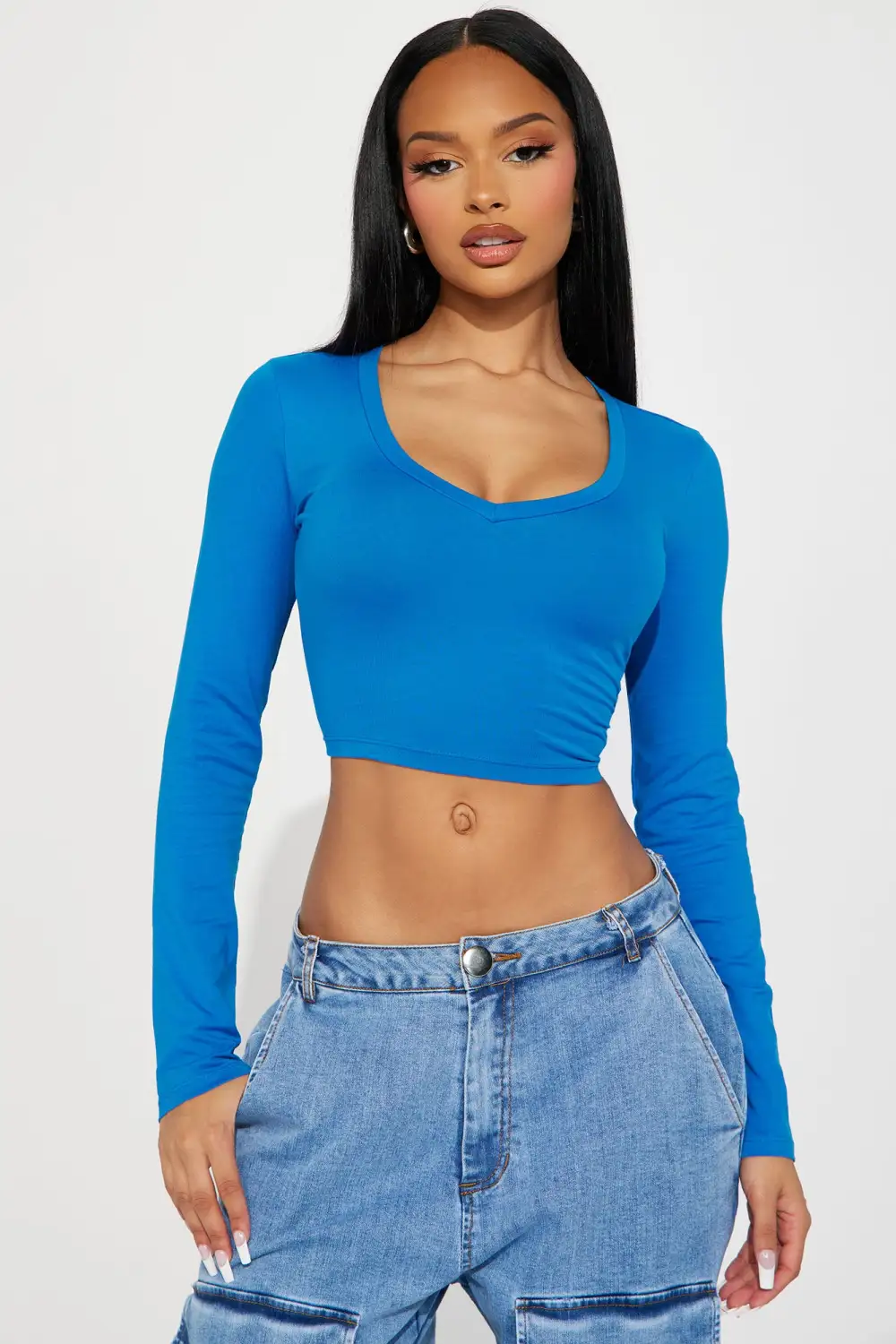 Carly V Neck Crop Long Sleeve Tee - Cobalt