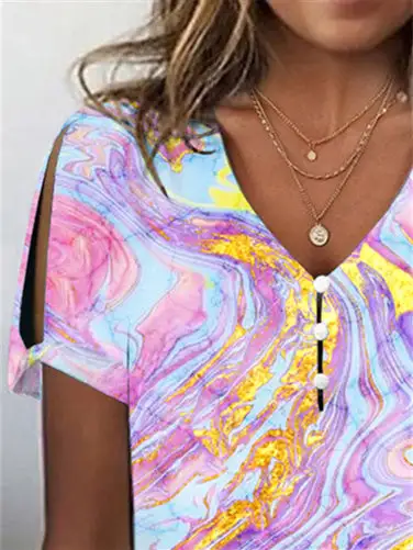 Women's Colorblock Hollow Short Sleeve V-neck Top