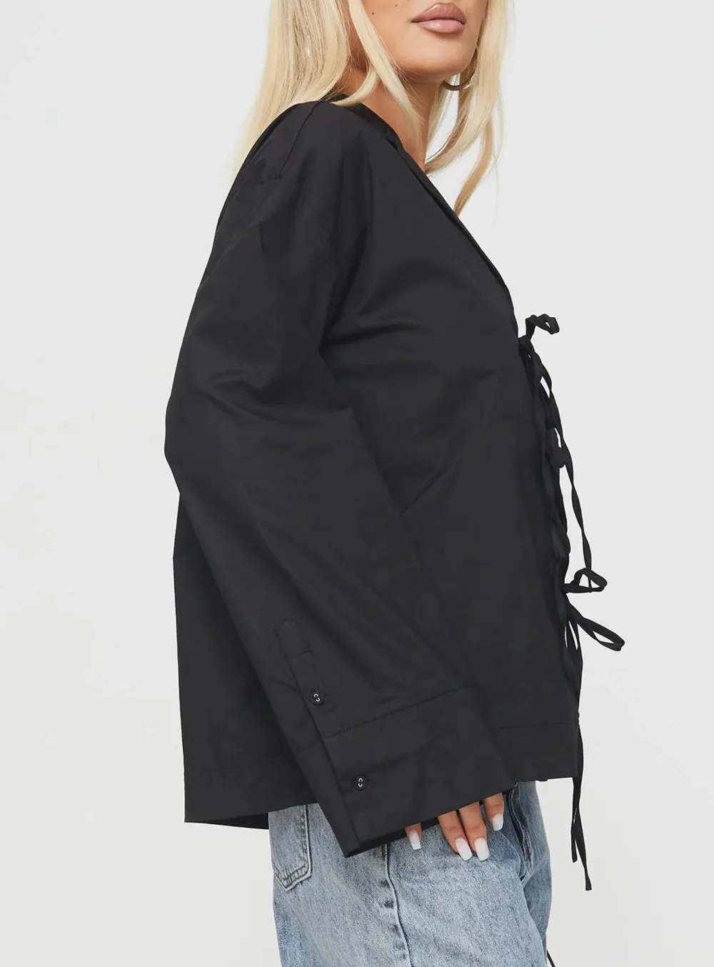 White Mandarin Collar Tie Front Shirt