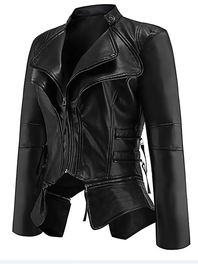 Women's Faux Leather Jacket Waterproof Warm Outdoor Street Daily Going out Zipper Pocket Zipper Turndown Active Fashion Casual Solid Color Regular Fit Outerwear Long Sleeve Fall Winter Black M L XL