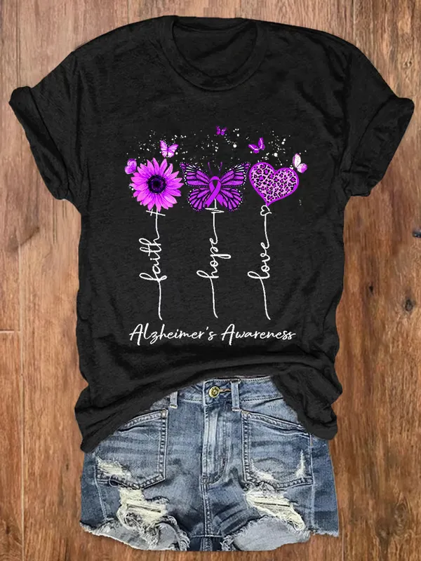 Women'S T-Shirt Women'S Faith Hope Love Alzheimer'S Awareness T-Shirt Crew-Neck Pure Cotton Short Sleeve