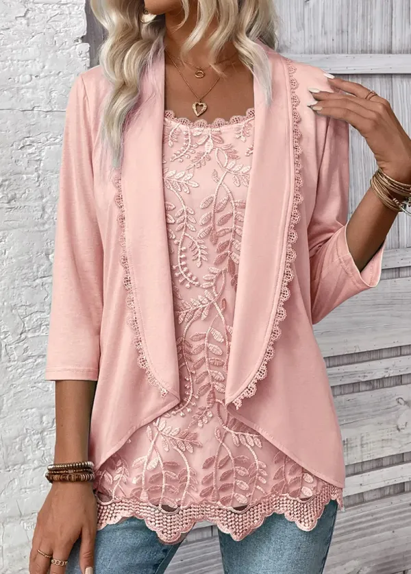 Light Pink Fake 2in1 3/4 Sleeve T Shirt