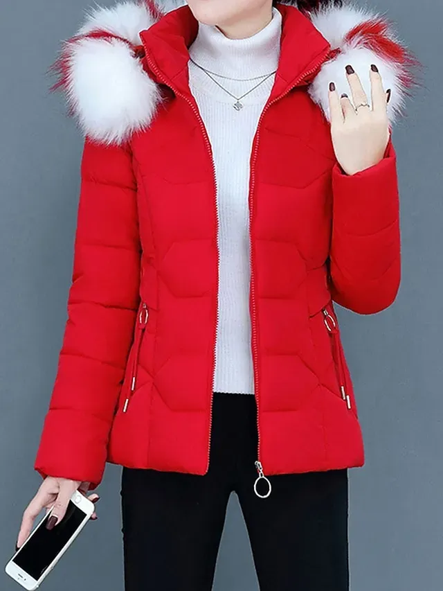 Women's Parka Cropped Puffer Jacket Winter Coat Zip up Hooded Coat with Removable Fur Collar Thermal Warm Heated Coat Fall Outerwear with Pockets Warm Classic Long Sleeve Blue