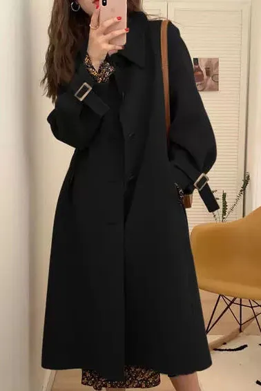 Solid Sleeve Belt Long Coat