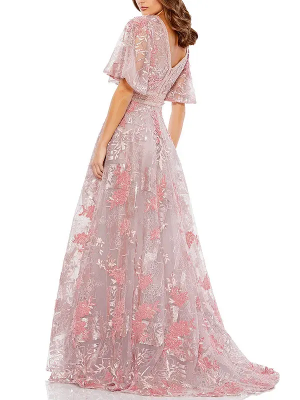 Embroidered Ruffle Sleeve A-line Dress