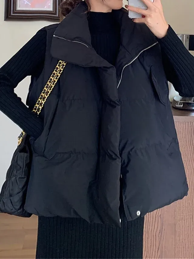 Women's Puffer Vest Long Sleeveless Parka Warm Heated Quilted Gilet Winter Coat Zipper Stand Collar Jacket with Pocket Outerwear Black White S M L XL