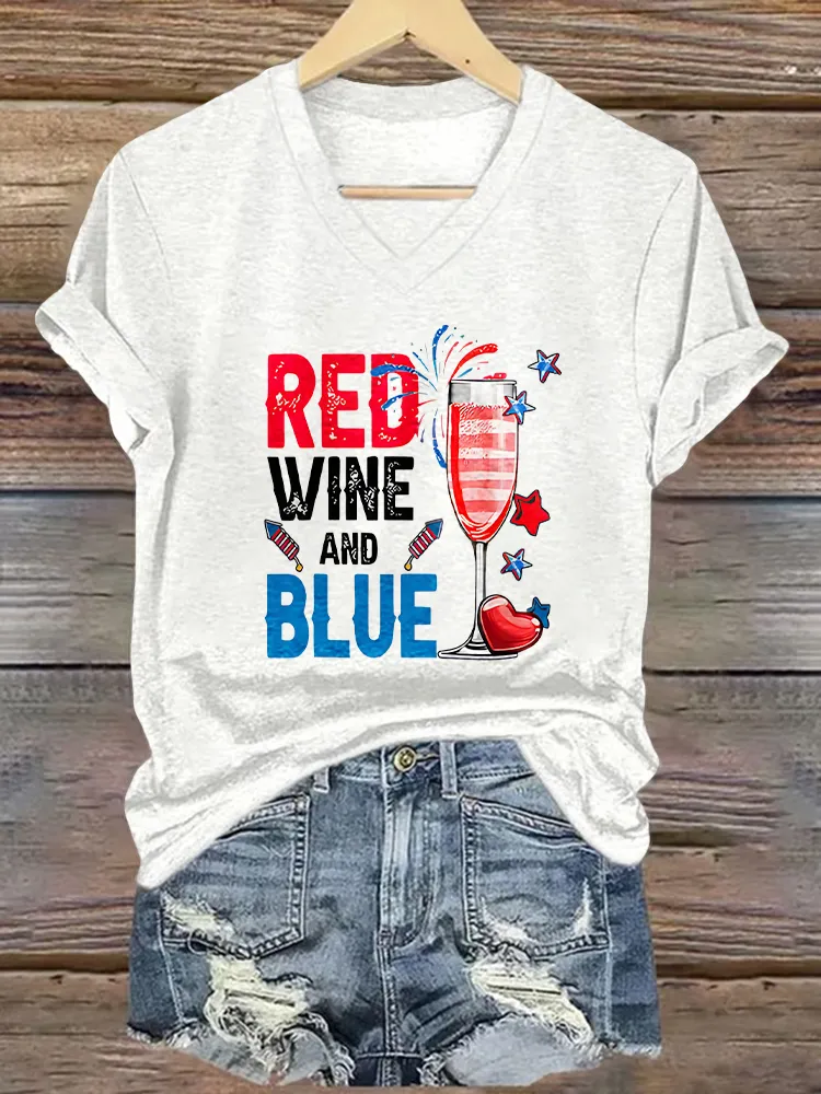 Women's America 1776 Red Wine And Blue Print Short Sleeve Round Neck Cotton T-Shirt