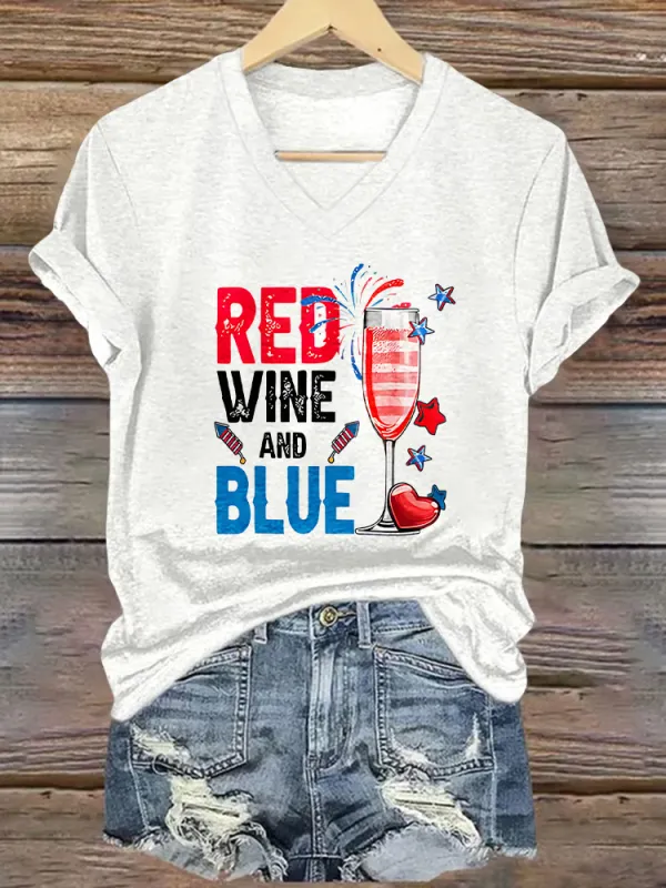 Women's America 1776 Red Wine And Blue Print Short Sleeve Round Neck Cotton T-Shirt
