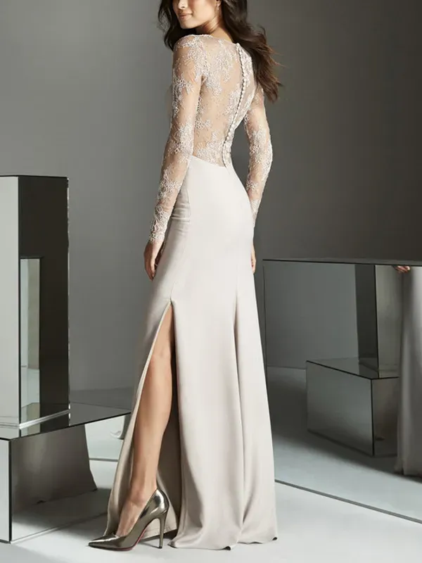 Round Neck Lace Solid Color Maxi Dress