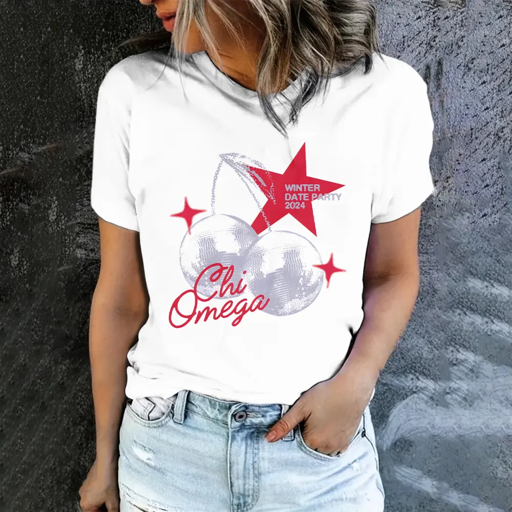 Retro Vintage Disco Ball Cherries Halftone Sparkles Star Script Winter Date Party Crew Neck T-shirt 02