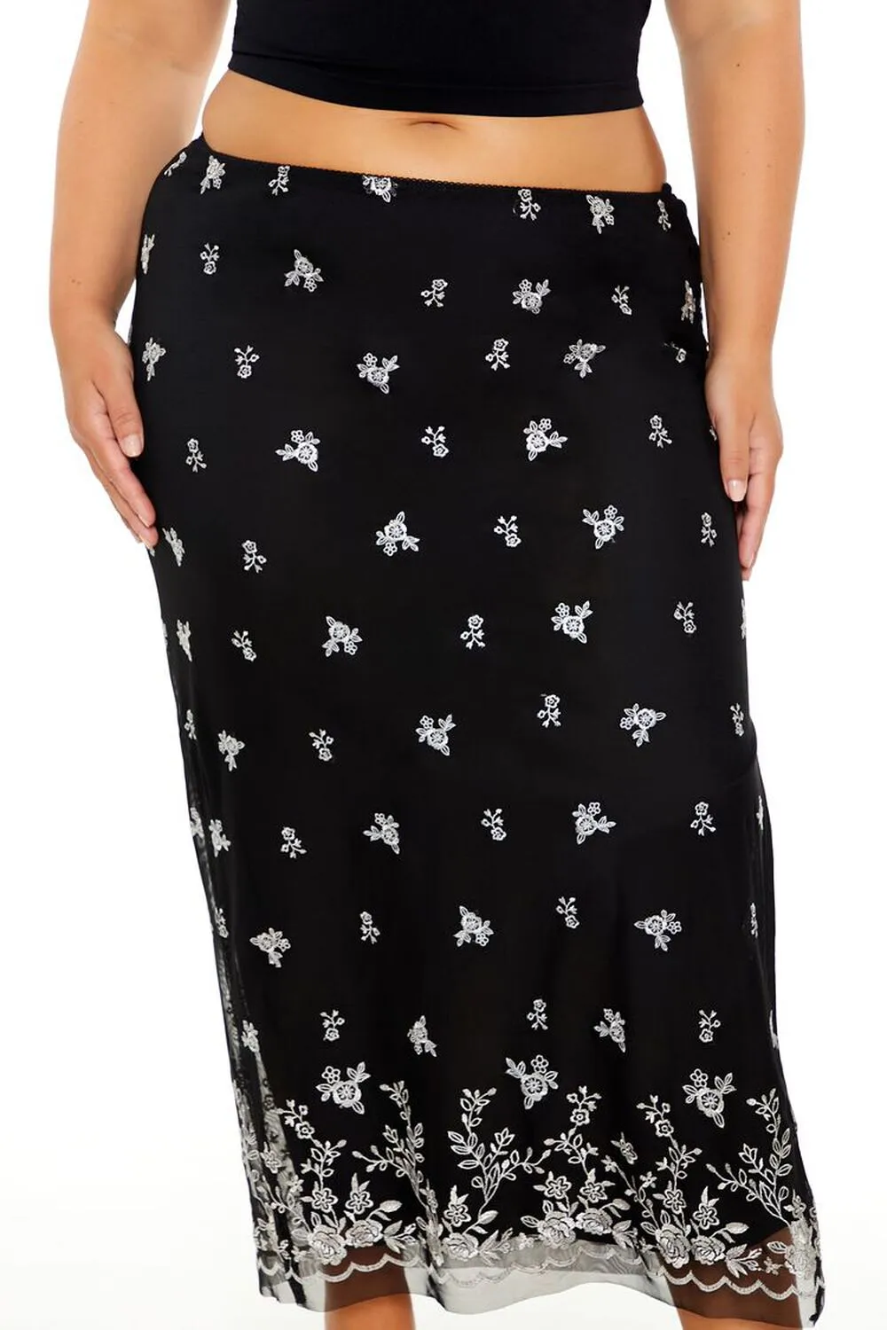 Plus Size Embroidered Rose Midi Skirt