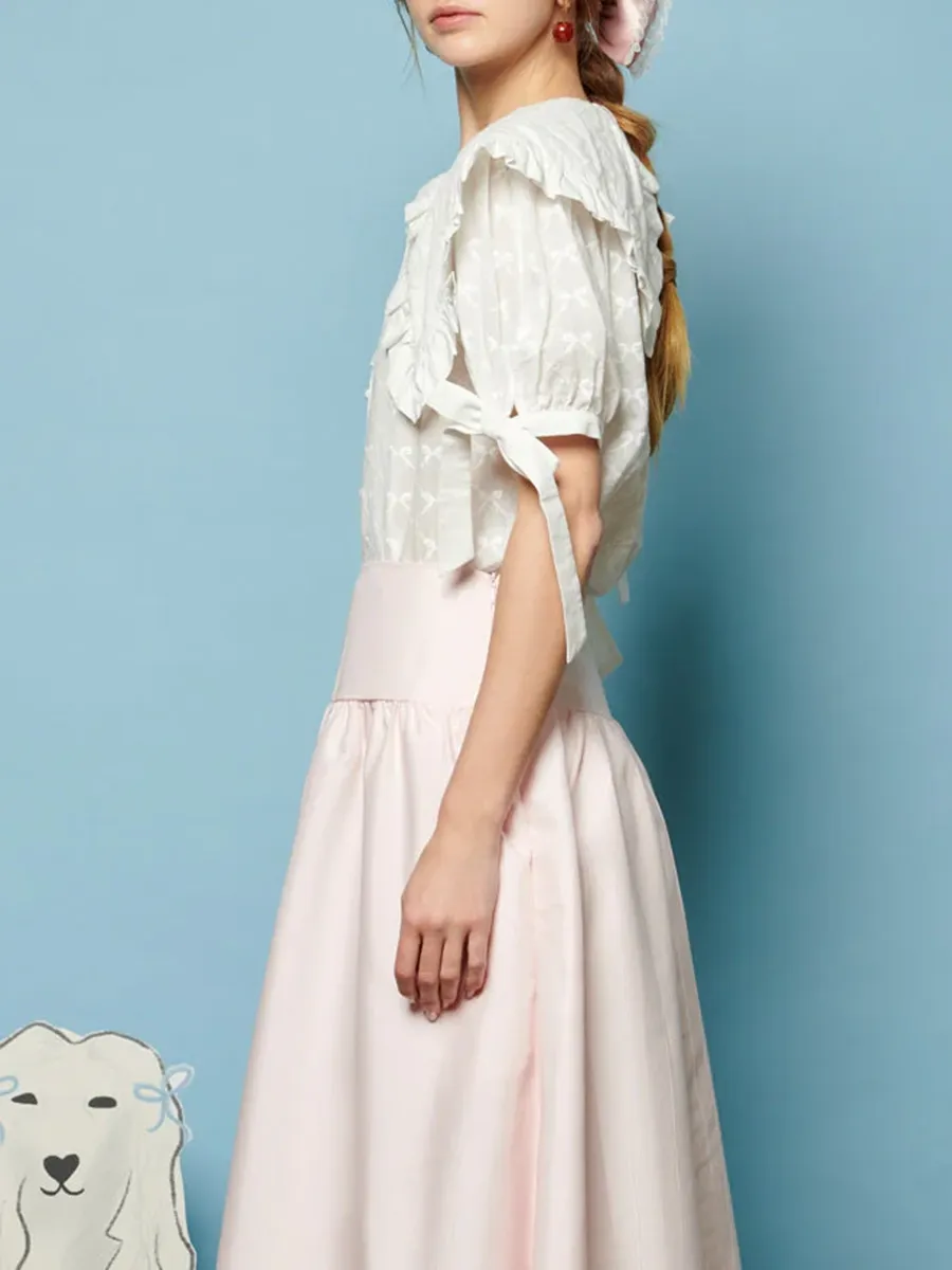 Bow Embroidered Crew Neck Blouse