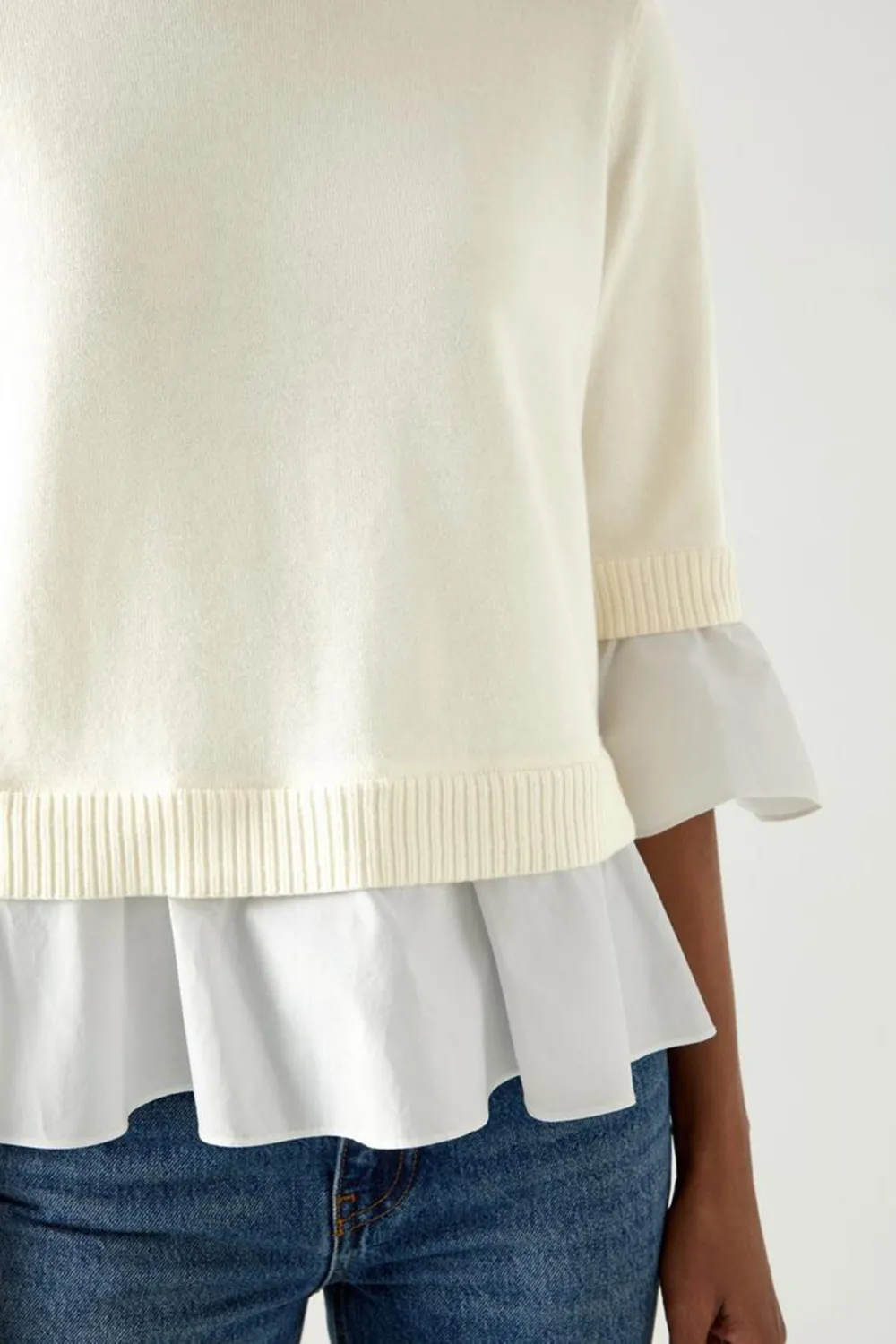 White Layered Hem Short Sleeve Knit Sweater
