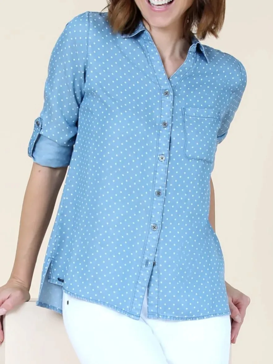 Light Blue Polka - Dot Roll - Sleeve Shirt