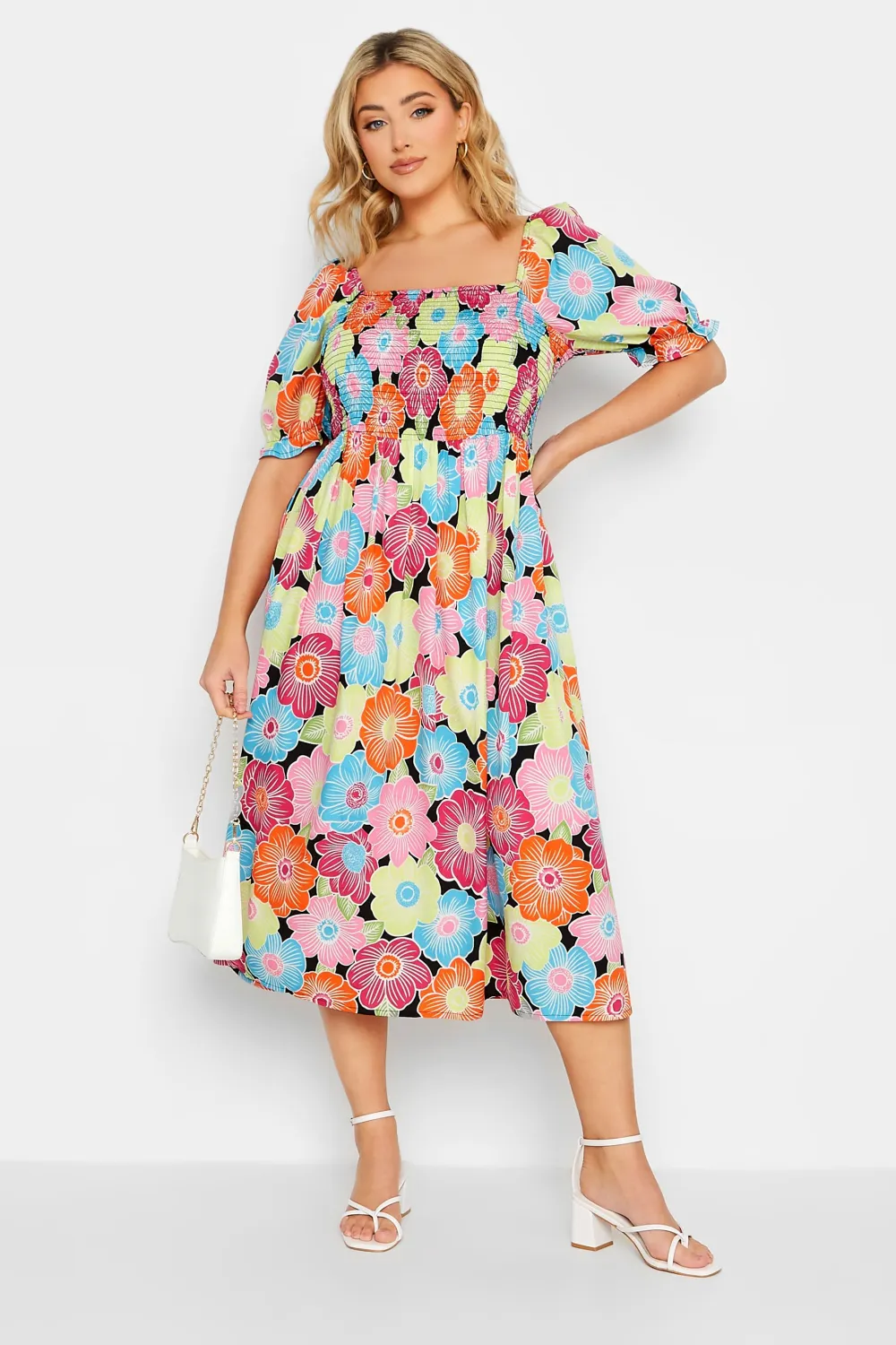 YOURS Curve Pink & Blue Floral Print Shirred Midi Dress