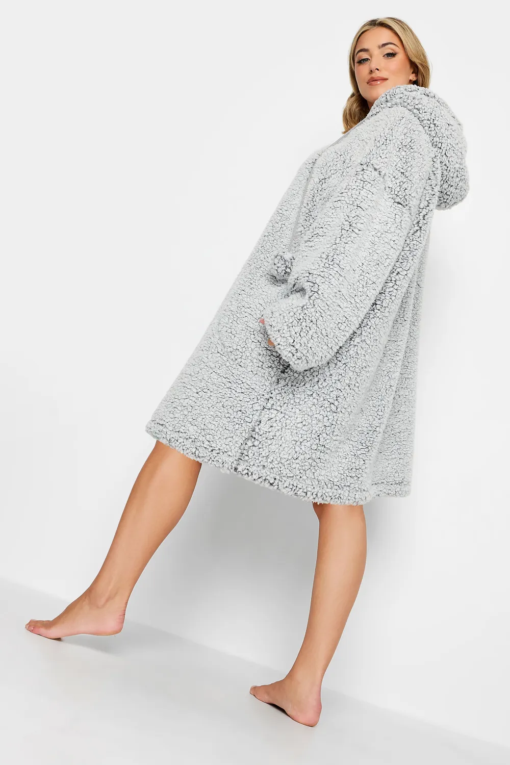 YOURS Curve Light Grey Teddy Drawstring Snuggle Hoodie