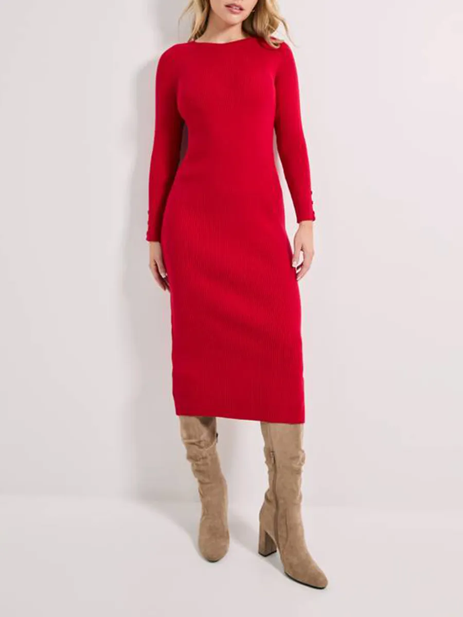 Ribbed Crew Neck Knit Midi Dress