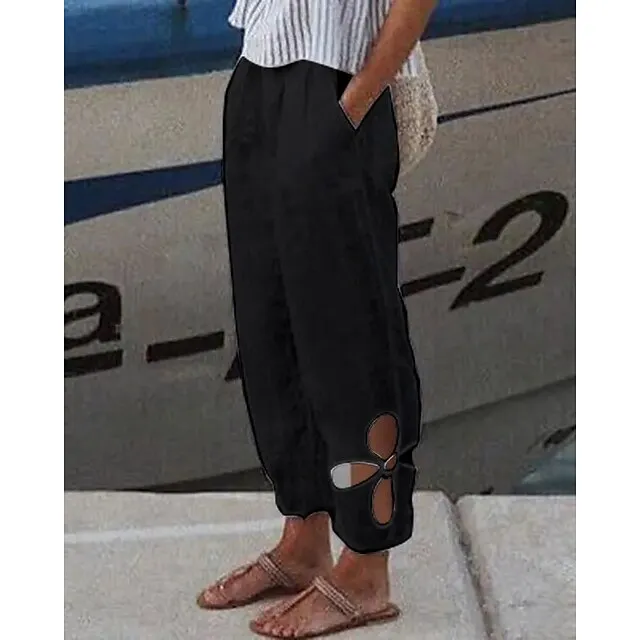 Women's Linen Pants Pants Trousers Baggy Full Length Cotton And Linen Side Pockets Baggy Fashion Casual Daily Dark Yellow Black S M