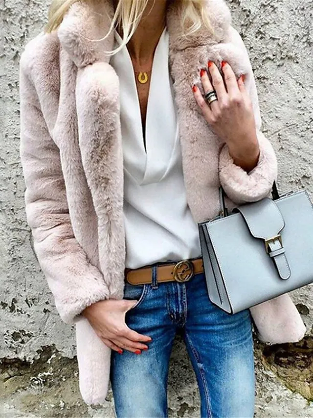 Women's Fleece Jacket Teddy Coat Warm Breathable Street Daily Wear Vacation Going out Fleece Lined Open Front Turndown Casual Street Style Plain Regular Fit Outerwear Long Sleeve Fall Winter White