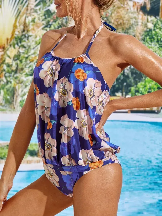 Vacation Floral Printing Scoop Neck Tankinis Two-Piece Set