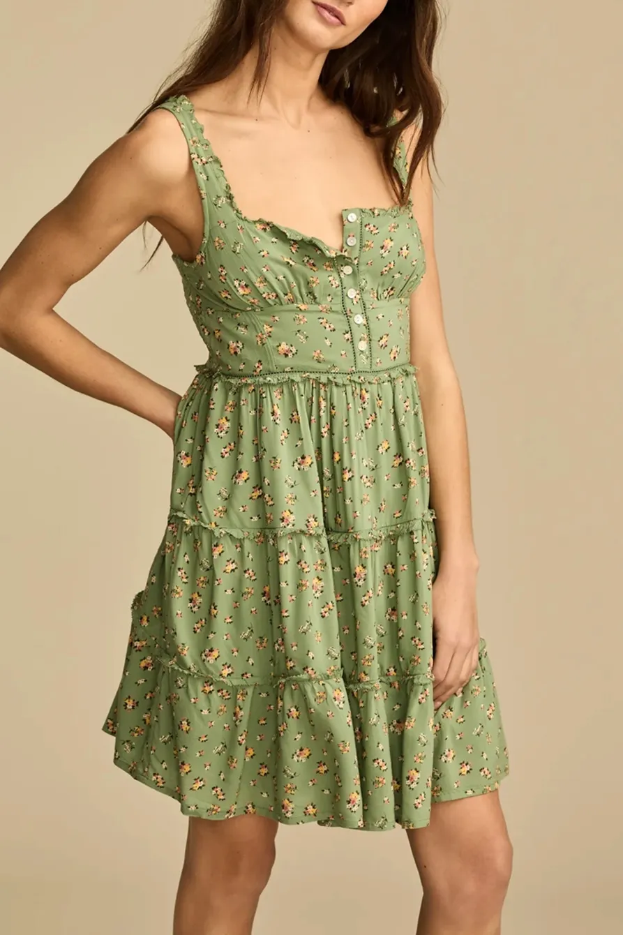 Green Floral Tiered Ruffle Corset Midi Dress