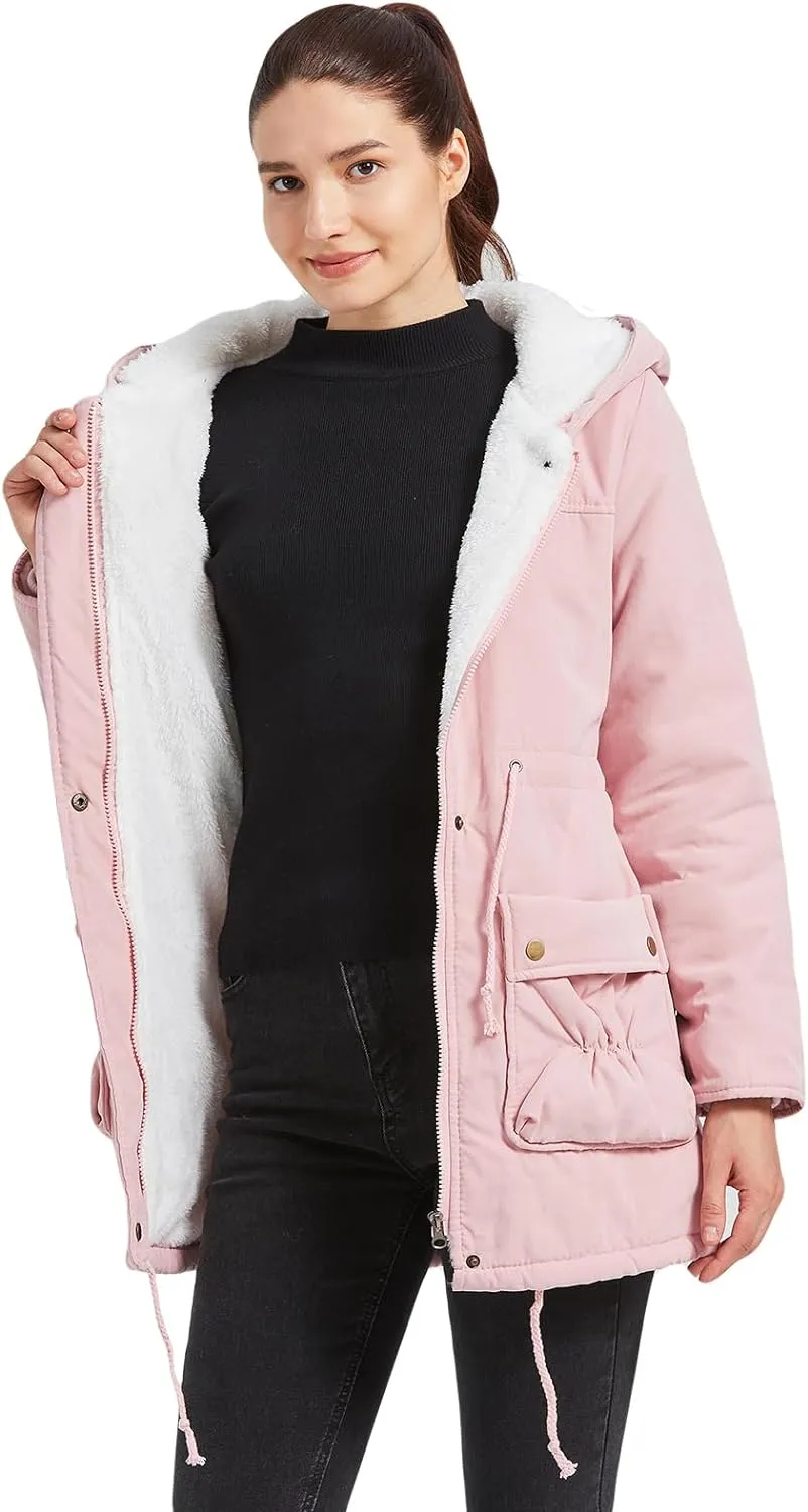 Women's Winter Mid Length Thick Warm Faux Lamb Wool Lined Jacket Coat