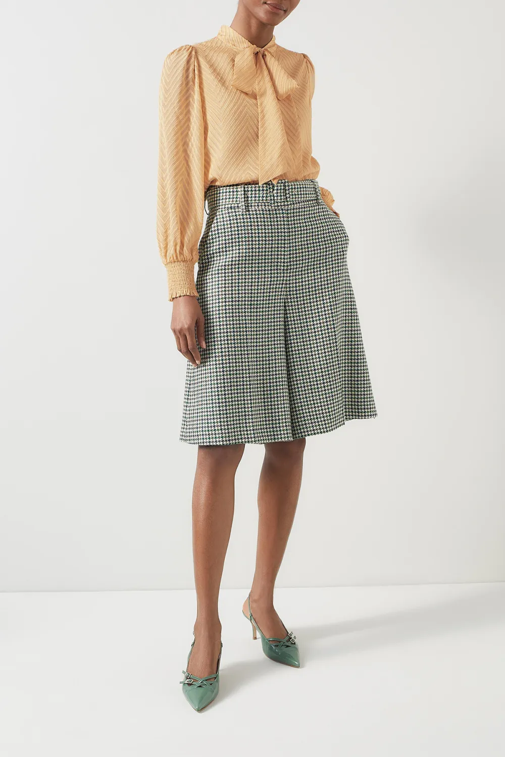 Beige Tie Neck Long Sleeve Textured Blouse