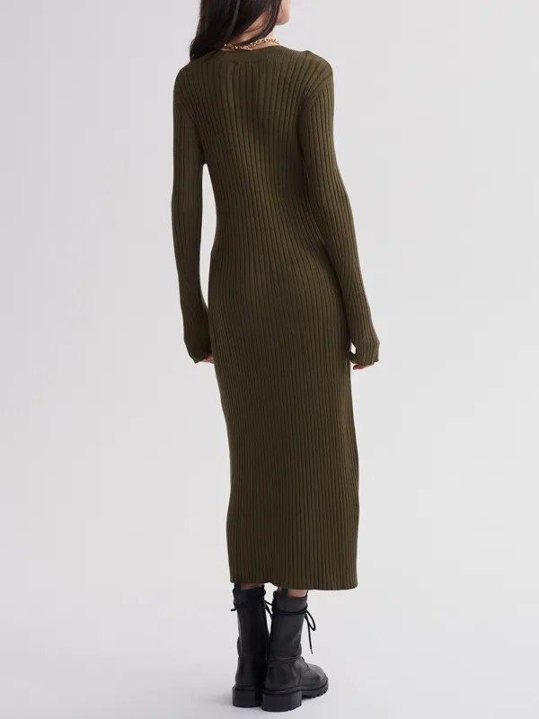 Olive Rib Knit Midi Dress