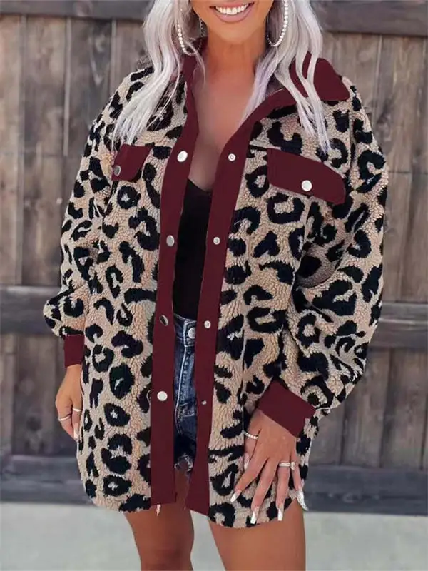 Leopard Print Pocket Casual Fur Jacket