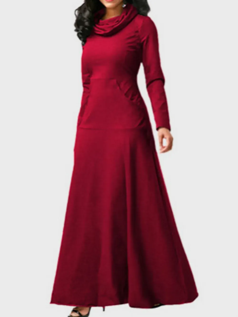Casual Cowl Neck Pocket Long Sleeve Plain Maxi Dress