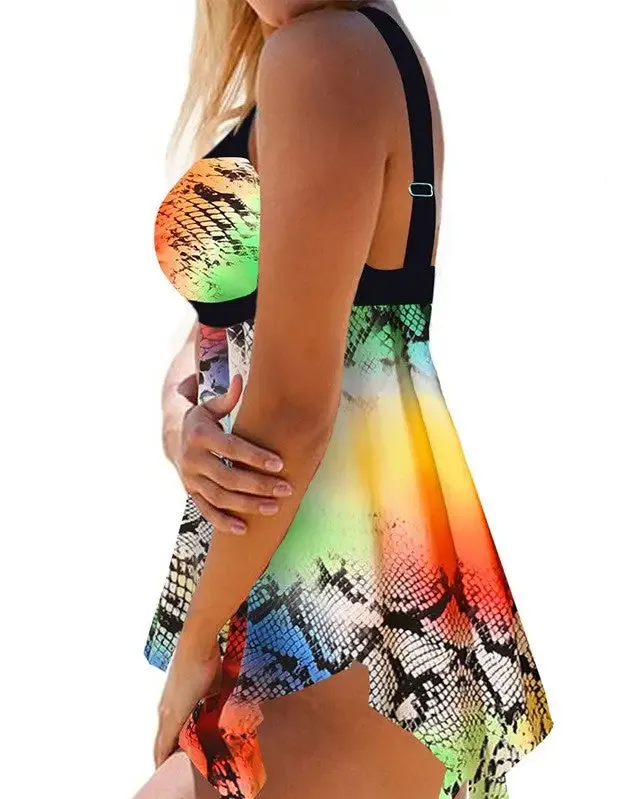 Multicolor Print Sexy V-Neck Tankini Swimsuit